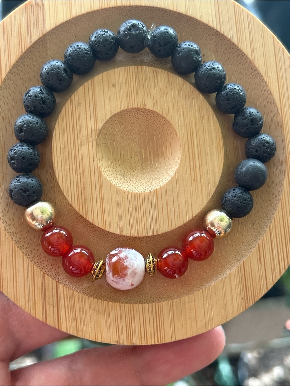 Handmade lava stone bracelet with red agate + carnelian + hematite beads - Picture 2 of 3